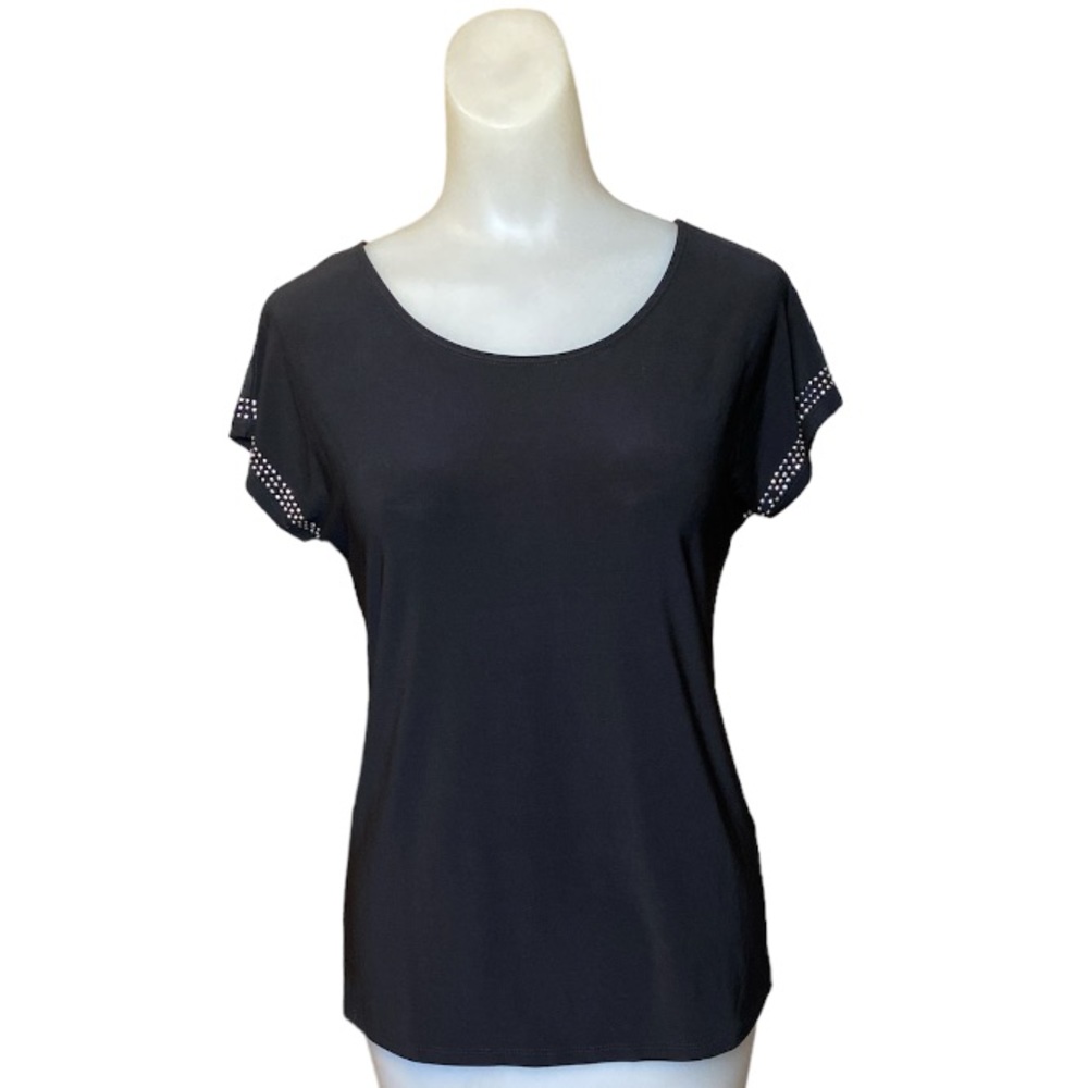 Ava James Black Short Sleeve Casual Top with Bling on Cuff Size Small Classy